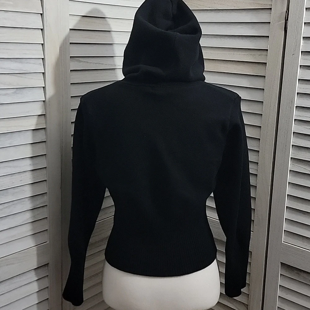 Orange Kiss Black Ribbed Cropped Knit Hoodie Zipper Cardigan